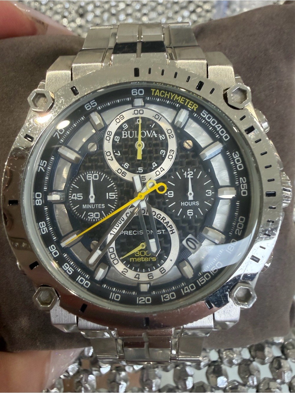 Bulova Silver Stainless Steel Chronograph Watch with Black Dial and Yellow Hands